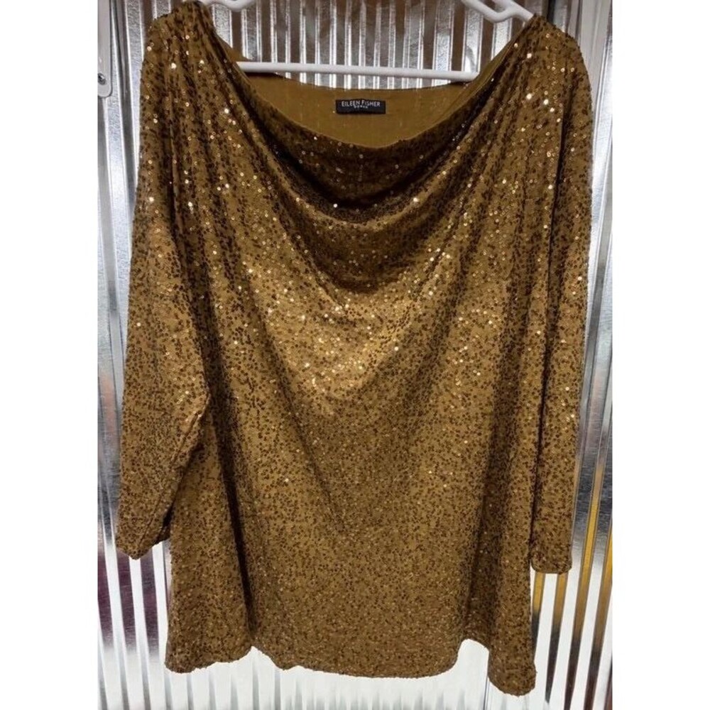 Eileen Fisher Woman 100% Silk Gold Sequin Top XL 1X Cowl Neck